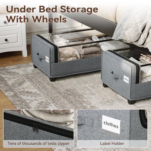 VicHomey Under Bed Storage With Wheels, Tall Under The Bed Storage, Underbed Storage Containers With Lids, Metal Frame, 90L Capacity, Large Size