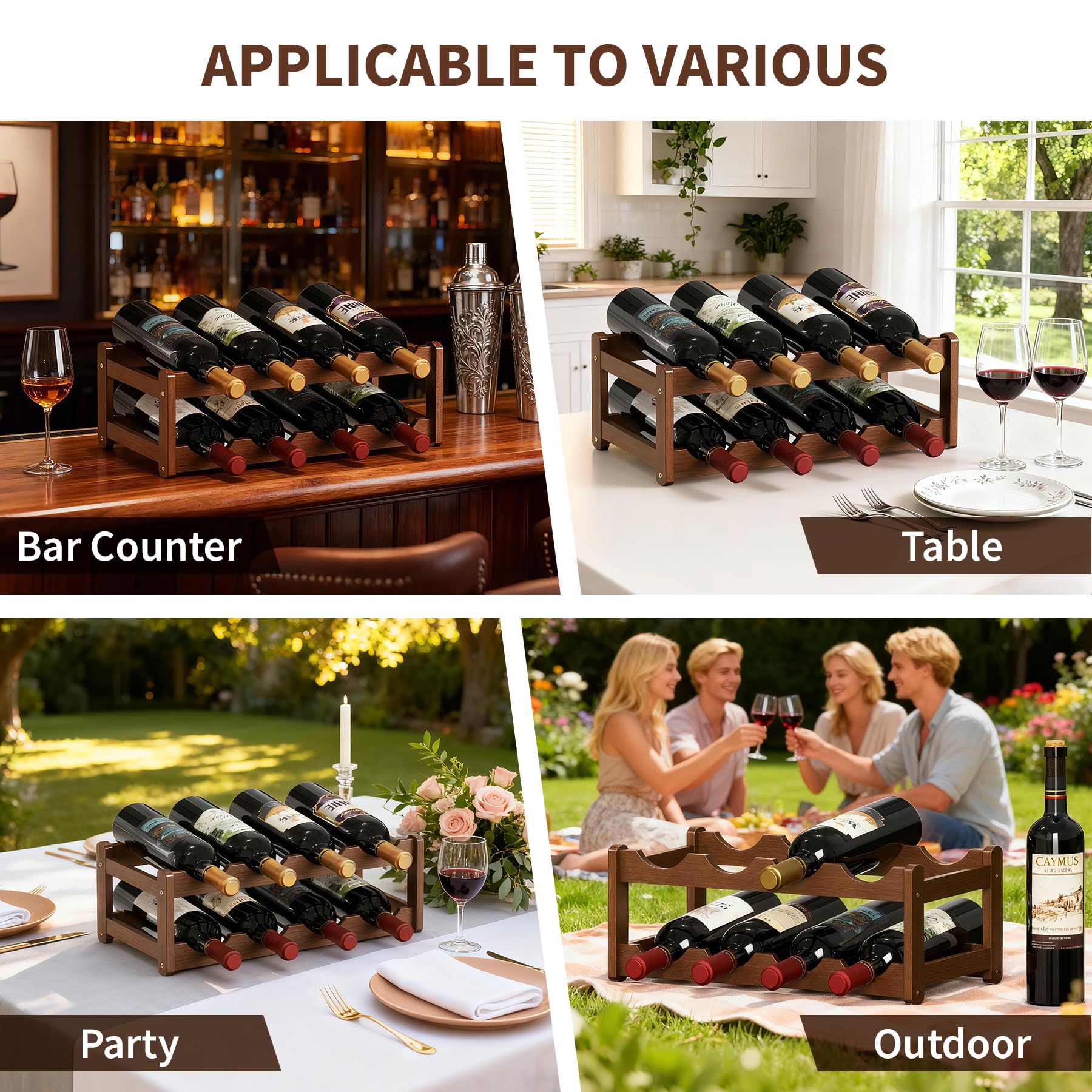CAMOAT Wine Rack |Open & 2-Tier Bamboo Wine Holder| Freestanding Floor & Countertop Wine Display-Space-Saving Wooden Wine Storage Shelf for Kitchen, Cabinets,Bar & Dining Room(1, 2-Tiers)