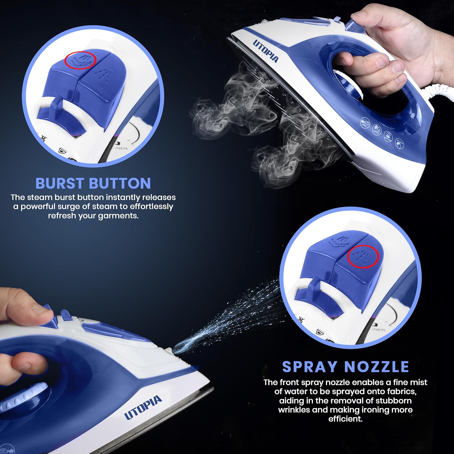 Utopia Home Steam Iron - 1200W Non-Stick Soleplate Clothes Iron | 2.3m Cord, Adjustable Thermostat & Safety Features