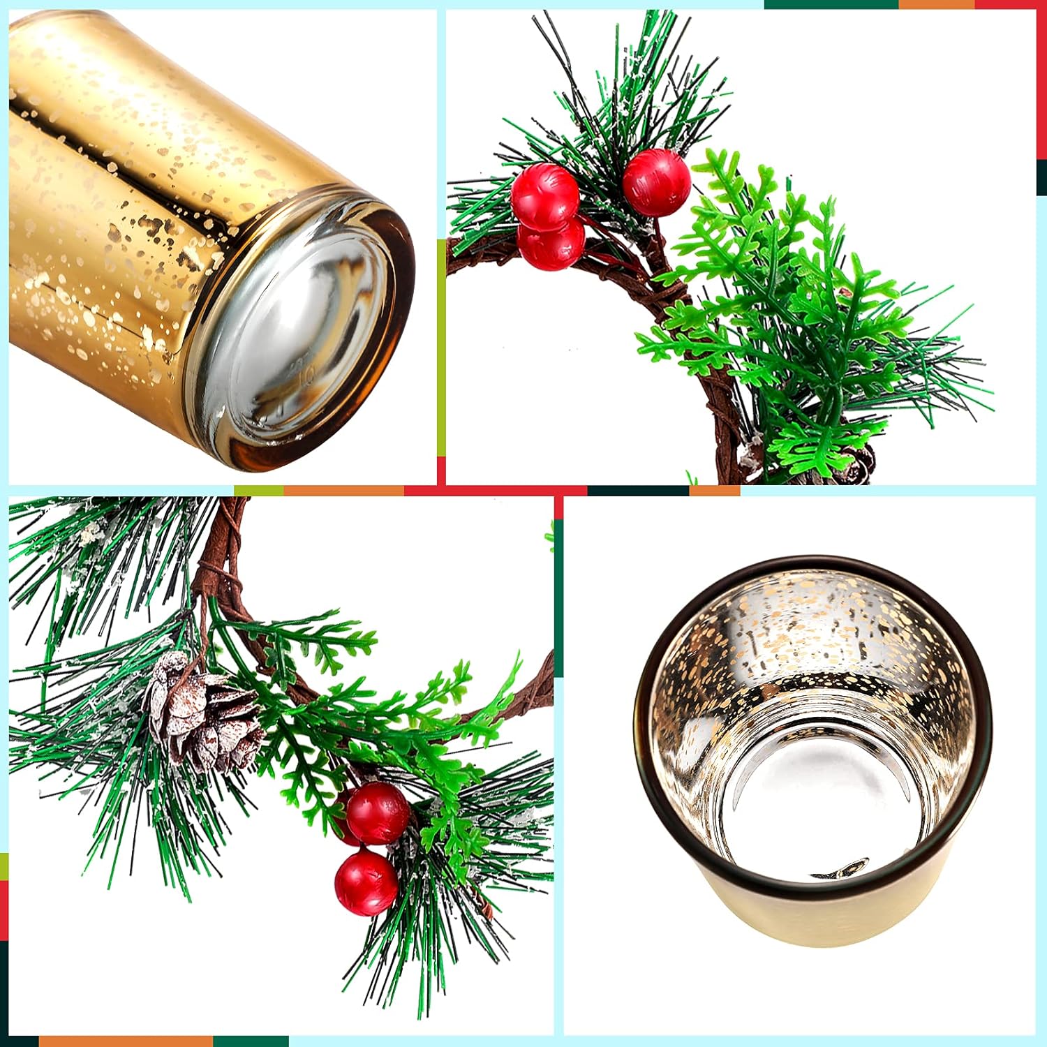Skylety Christmas Votive Candle Holders - 4 Pack Glass Tealight Holders with Red Berry Wreaths for Holiday Decor