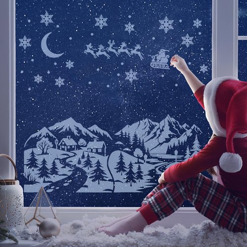 Leinuosen 6 Pcs Christmas Window Stencils - Reusable Winter Village & Santa Claus Designs | 35.4 x 33 Inches