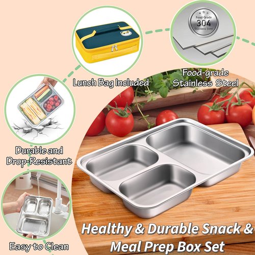 KTKUDY 3 Pack Stainless Steel Snack & Lunch Containers with Plastic Lids - Meal Prep Containers 3 Compartments - Metal Bento Lunch Boxes for Kids & Adults - Not 100% Leakproof - Toddler & Kids Plates