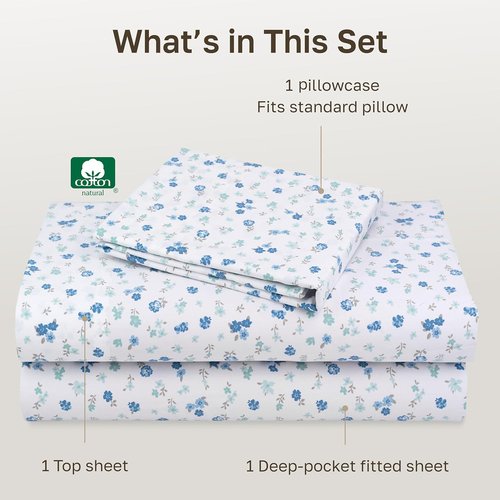 California Design Den Twin Size Cotton Sheet Set - 100% Soft Cotton, 400 Thread Count, Floral White/Blue