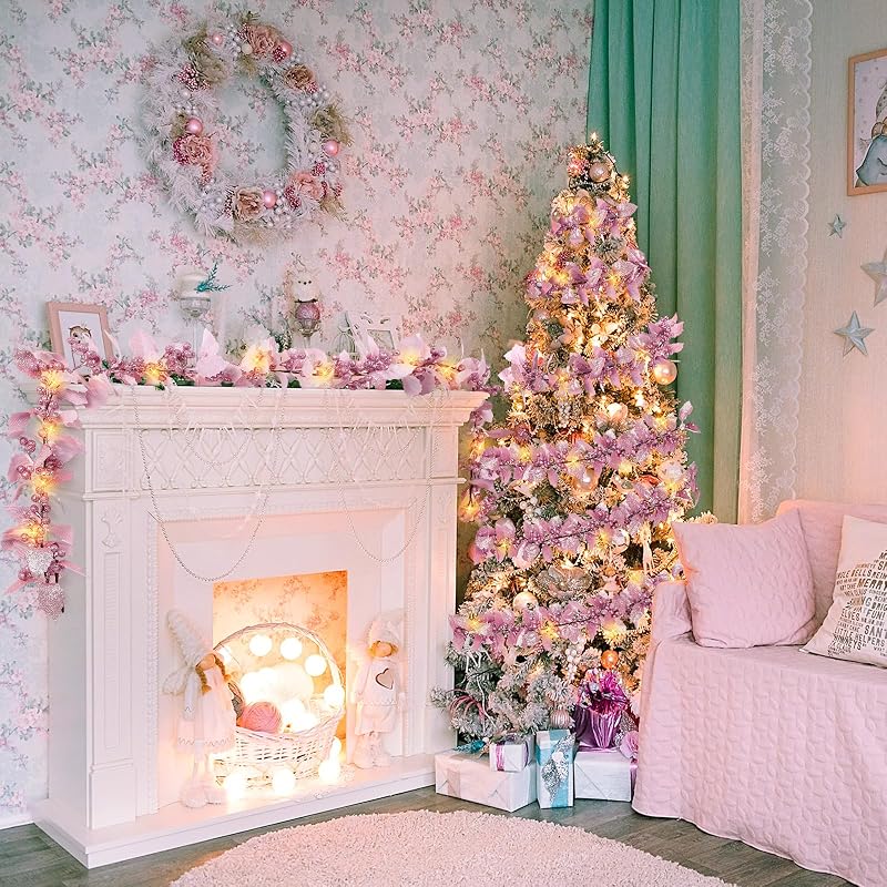 6ft Christmas Glitter Berry Garland with Lights - Pink Holly Leaves Decor
