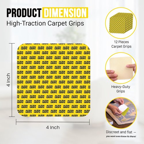 Alien Grip Carpet Tape - 12 Pcs Anti-Slip Rug Gripper | 4x4 in. Double-Sided, No Damage to Floors