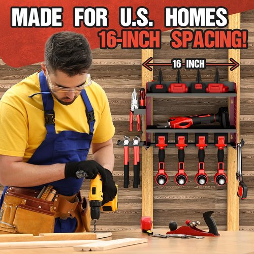 **Skiennix Power Tool Organizer - Heavy Duty Wall Mount Rack with Charging Station | 4 Drill Holders, Red**