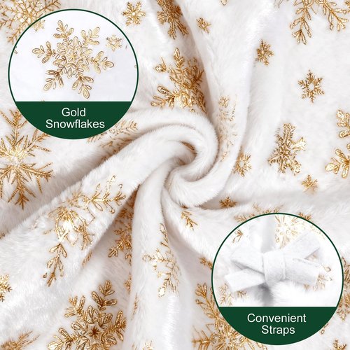 White Fluffy Christmas Tree Skirt, 36 Inch Luxury Plush Christmas Tree Bottom Base Cover with Gold Snowflakes for Xmas New Year Home Party Decorations