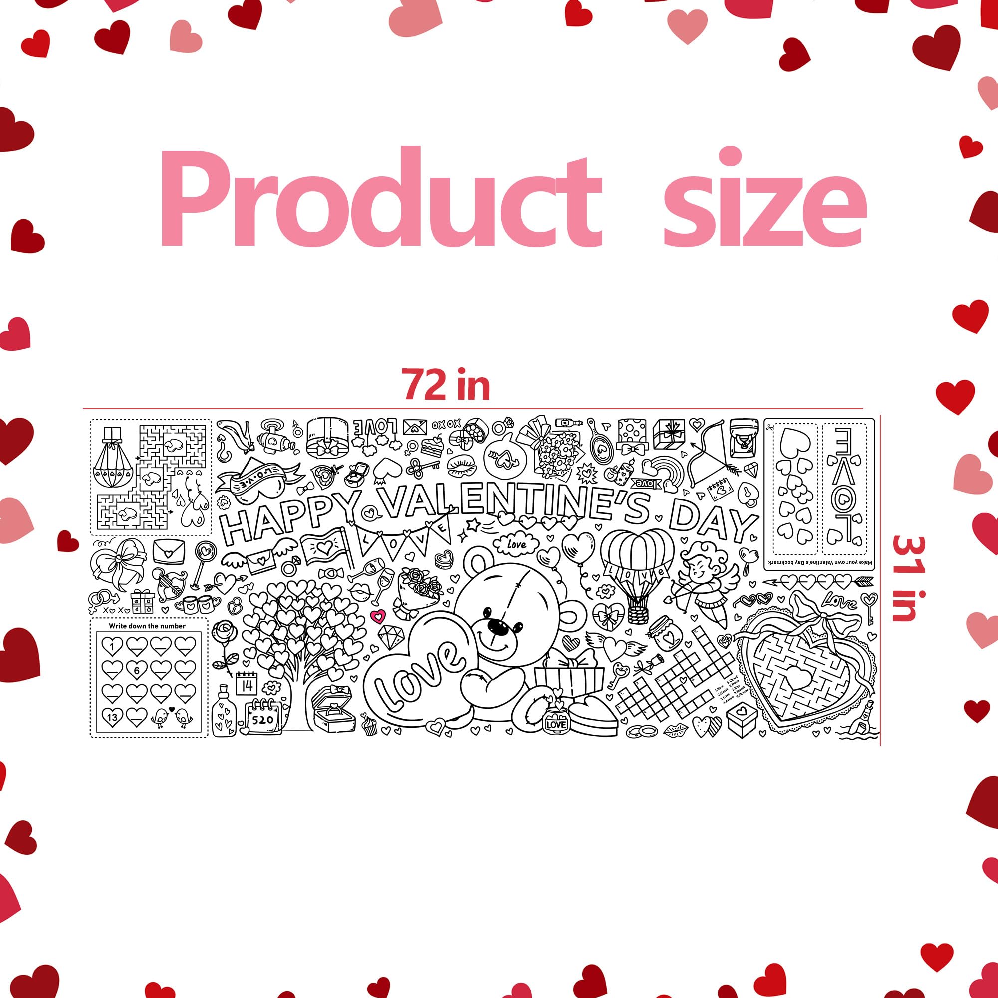 EUVBOKW Giant Valentine's Day Coloring Tablecloth, Large Happy Valentine Coloring Poster for Home Birthday Party Supplies, 30x72 Inches