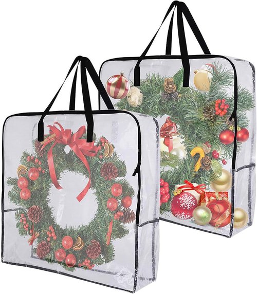 Extra Large Wreath Storage Container by [Brand Name] - 25-Inch Transparent Bags with Zipper & Handles | Waterproof & Foldable