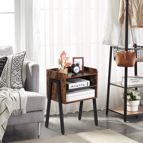 VECELO Nightstand Industrial Side End Table/Stackable Accent Furniture with 2-Tier Open Storage Compartments for Bedroom, Living Room and Small Spaces