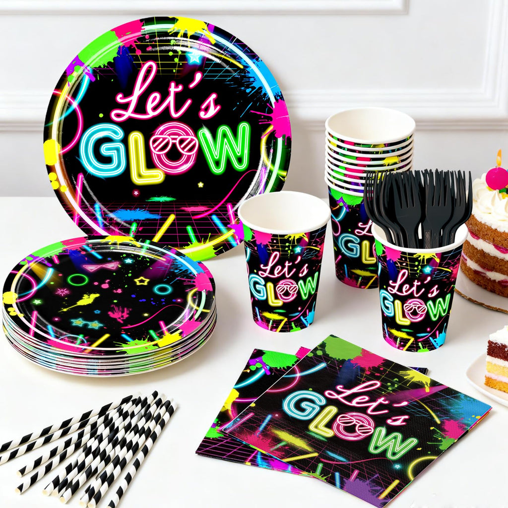 wellspar 205pcs Neon Birthday Party Decorations-Serves 25, All-in-one Glow Party Decorations with 350gsm Plate, Cake Topper, Tablecloth, Centerpiece, Banner, Hanging Swirls, Balloon