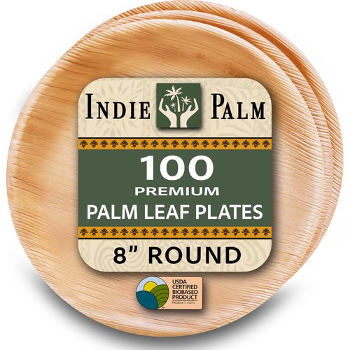 Indie Palm 8 Inch Round Disposable Palm Leaf Plates – Heavy Duty, Biodegradable Compostable Alternative to Bamboo Plates or Paper Plates – Parties, Weddings, Dinners, Catering-Bulk Events (100 Pack)