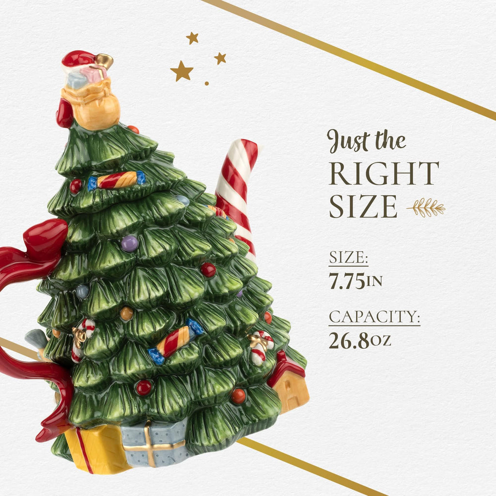 Spode Christmas Tree Figural Teapot - Festive 27 oz Christmas Teapot with Mistletoe Accents, Peppermint Stripe Spout, and Ribbon Handle - Decorative Dolomite Tea Pot for Holiday Tea Parties