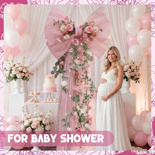 BreezeHug Giant Wedding Bow Decor - Elegant Pink Bow with Long Ribbons for Bridal Shower & Party | 32 x 20 x 67 Inches