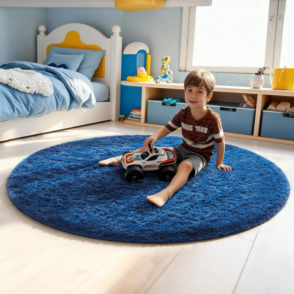 Ophanie Blue Round Rug - 5Ft Plush Circle Area Rug for Kids' Room | Soft Fluffy Shaggy Carpet