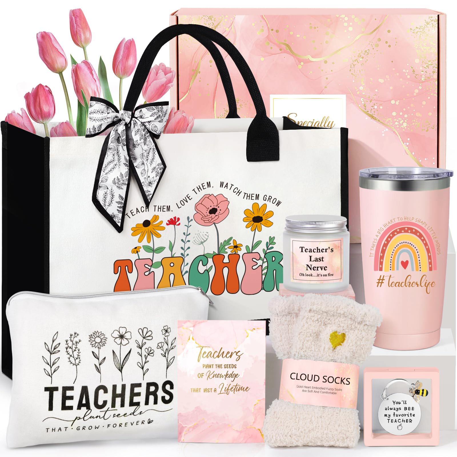 Suhctuptx Teacher Appreciation Gifts, Best Teacher Tote Bags for Women, Unique Gift Ideas from Students - Funny Thank You Basket Box Back to School Christmas Gifts Birthday Gift Pink