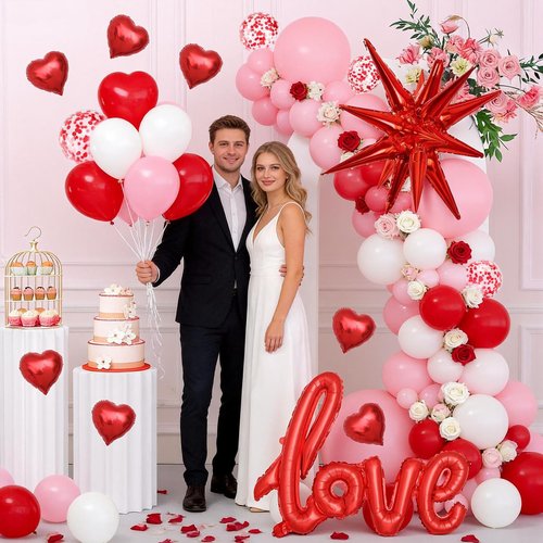 ESAG Valentines Day Balloon Arch Kit, Pink Red White Balloon Garland with 32" LOVE/ 22"Explosion Star/ 5" Heart Foil Balloon for Galentines Mothers Day Wedding Engagement Anniversary Party Decorations