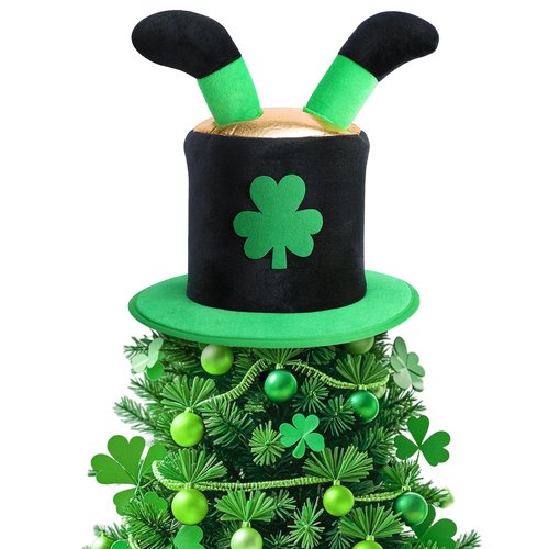 codree St. Patrick Day Tree Topper Hat, St. Patrick's Elf Legs Velvet Hat Tree Topper, Irish Green Shamrock Top Hat Tree Decoration for St. Patrick's Day Holiday Home Party Decor Fancy Dress Costume