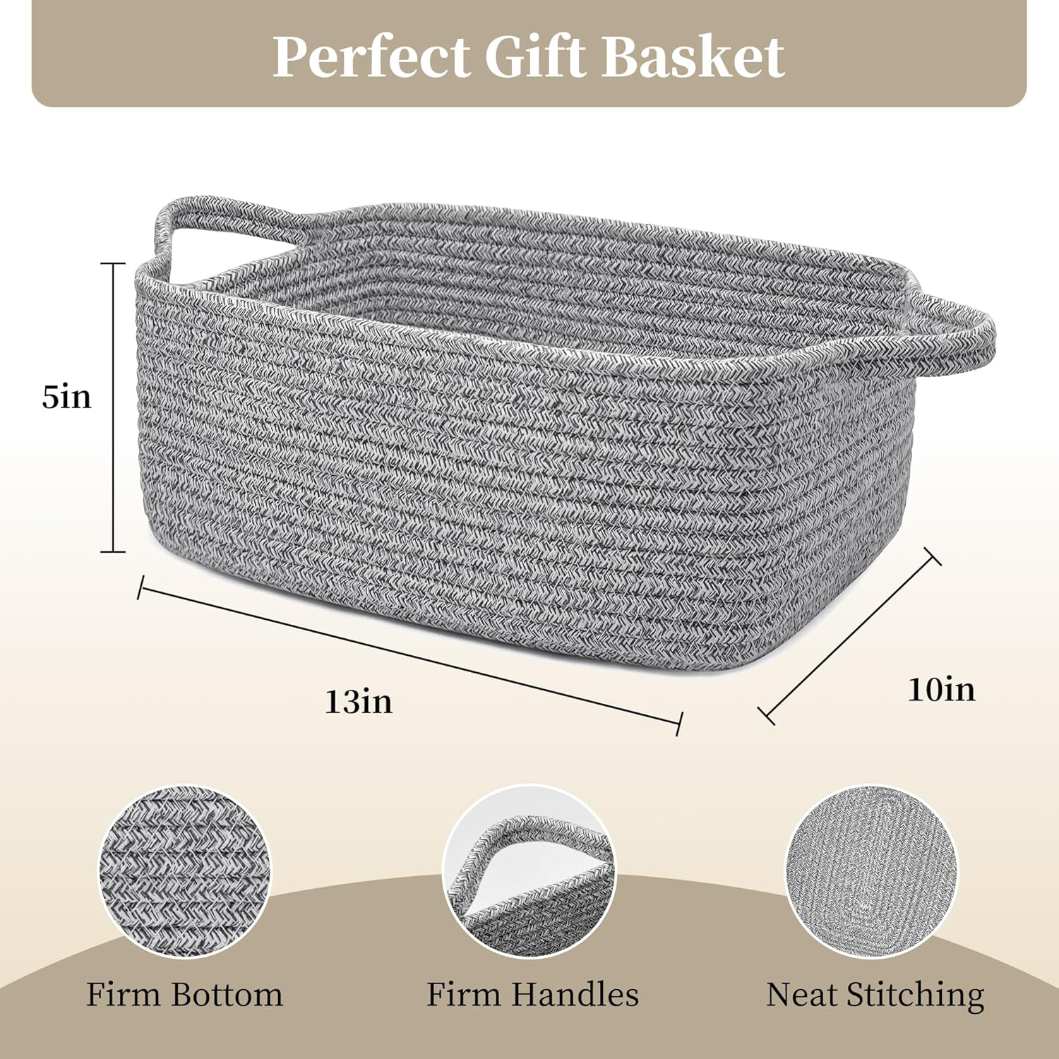 Skiennix Empty Gift Basket for Kids - Stylish Grey Woven Storage Basket | 13 x 10 x 5 Inches