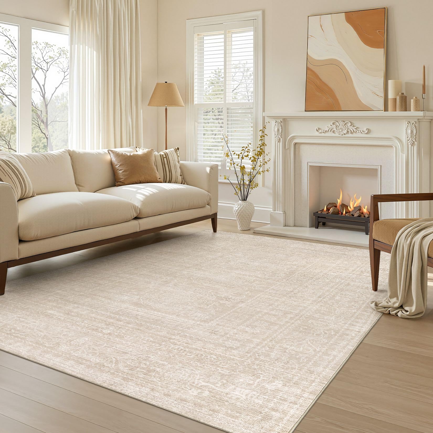 Nakagishi 5x7 Area Rugs Living Room: Washable Large Vintage Beige Rug Neutral Non-Slip Soft Stain Resistant Indoor Carpet for Bedroom Nursery Dining Room Under Table Bed Home House Office Playroom