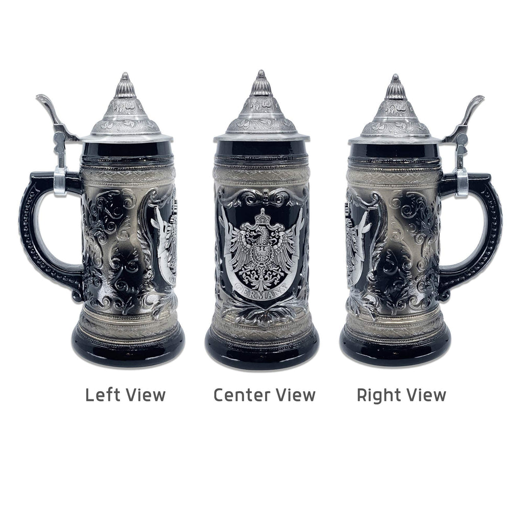 OktoberfestHaus German Adler (Eagle) Stein Mug With Lid - 1 Liter Charcoal Black Ceramic Beer Stein With Metal Emblem - Collectible Bier Krug for Men, Beer Lovers Gift