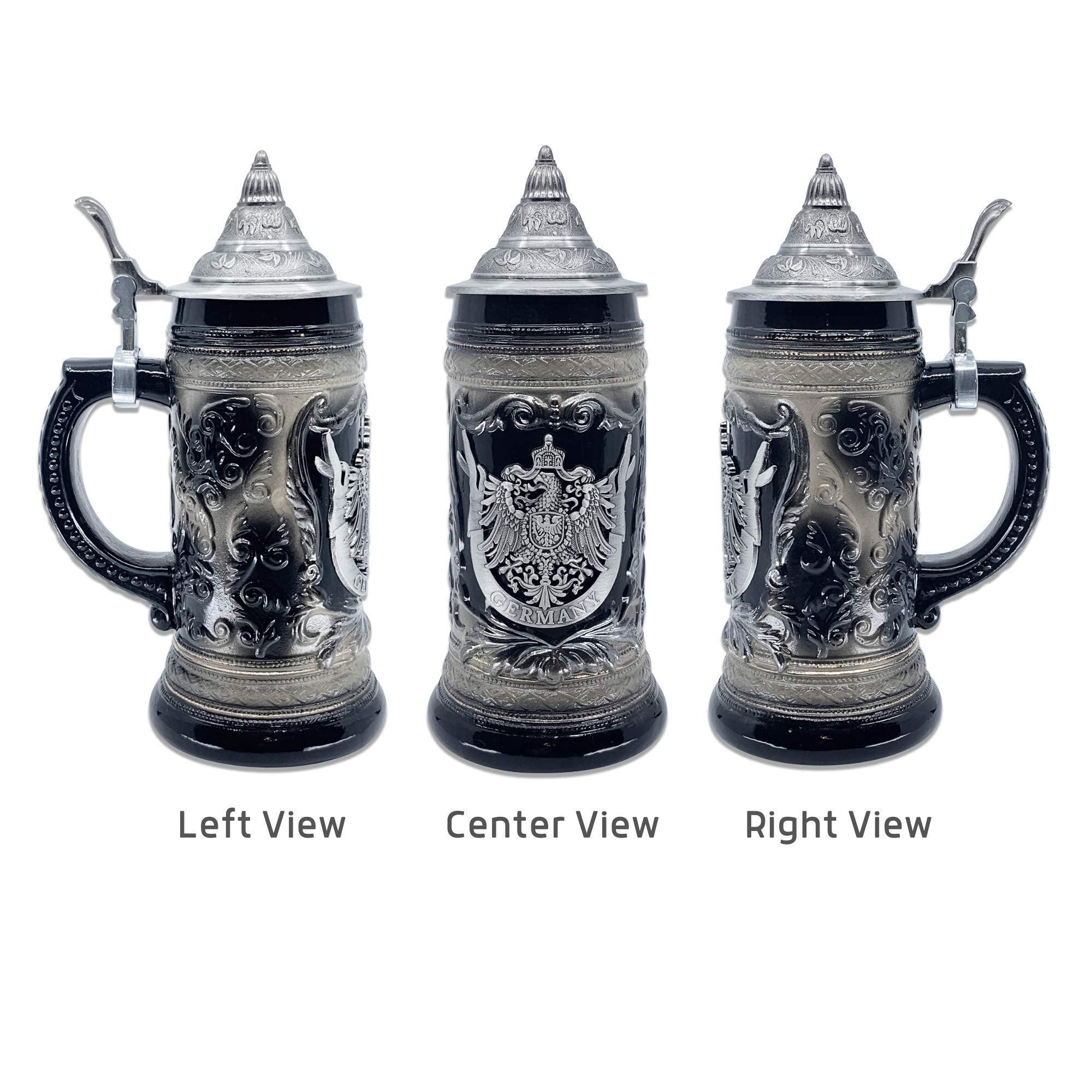OktoberfestHaus German Adler (Eagle) Stein Mug With Lid - 1 Liter Charcoal Black Ceramic Beer Stein With Metal Emblem - Collectible Bier Krug for Men, Beer Lovers Gift