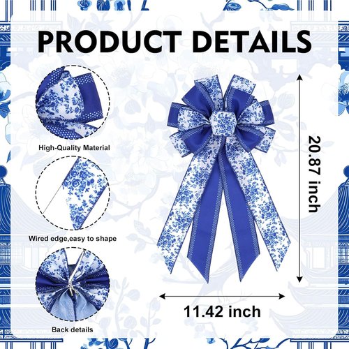 Chinoiserie Blue Wreath Bow - 21 Inch Large Floral Wired Ribbon for Spring Door Decor | Wedding Lantern Accent