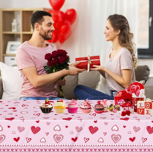 DUYIY Valentine's Day Table Cover 3 Pcs Pink Heart Print Tablecloth for Home Kitchen Dining Party Decor, Holiday Celebration, 54" x 108"