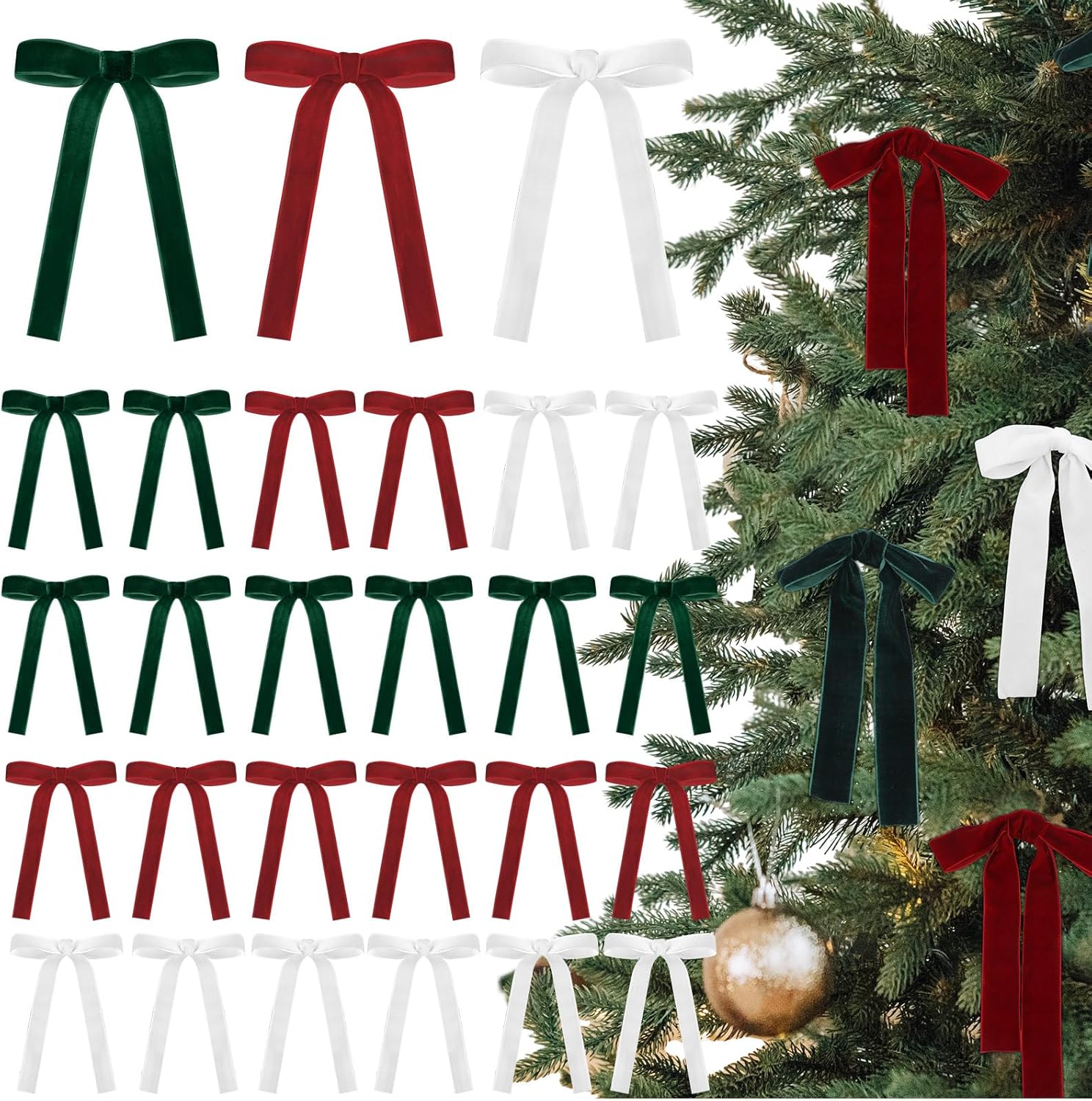 Skiennix 24 Pcs Velvet Christmas Tree Bows - Vintage Ribbon for Crafts & Decor | 5 x 7 Inch, Red/Green/White