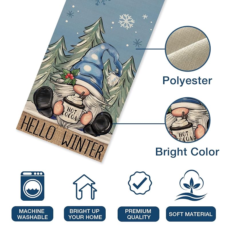 Winter Blue Gnome Table Runner 13" x 90" – Pine Tree Snowflake Hot Cocoa – Variation: Winter Blue Gnome+Table Runner