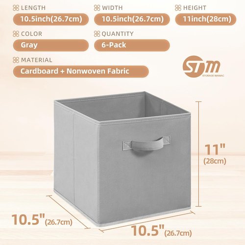 **Storage Maniac 11-Inch Collapsible Storage Cubes - Durable Fabric Bins for Closet & Office | 6-Pack Grey**