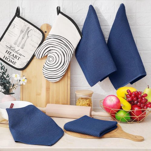 Homaxy 100% Cotton Waffle Weave Dish Cloths - Ultra Soft & Absorbent Kitchen Towels | 12 x 12 Inches, Navy Blue, 6-Pack
