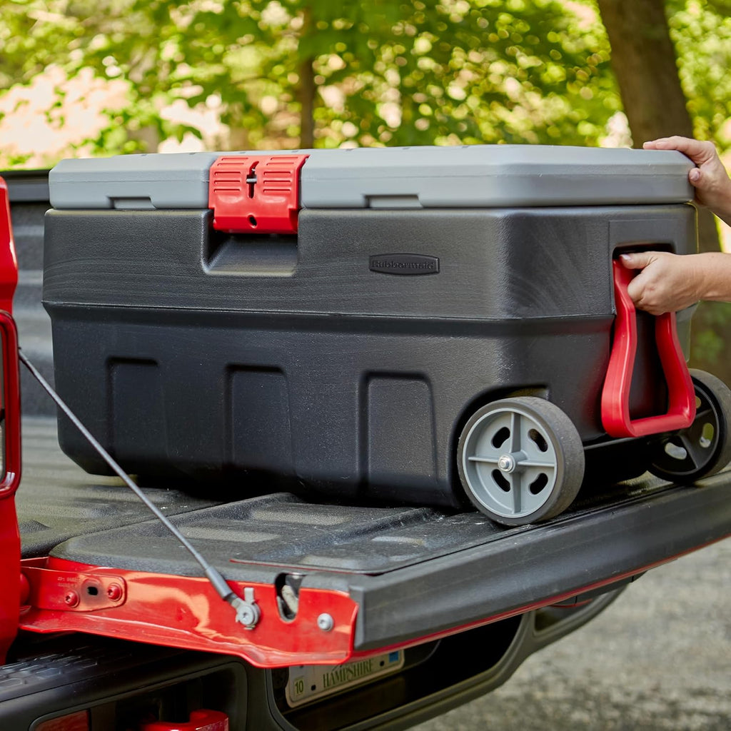 Rubbermaid ActionPacker 35 Gallon Storage Bin - Lockable, Durable Plastic with Wheels for Outdoor Gear | Gray & Black
