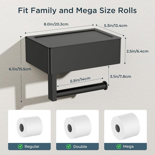 FORIOUS Toilet Paper Holder - Wall-Mounted Storage with Shelf & Tampon Receptacle - Matte Black