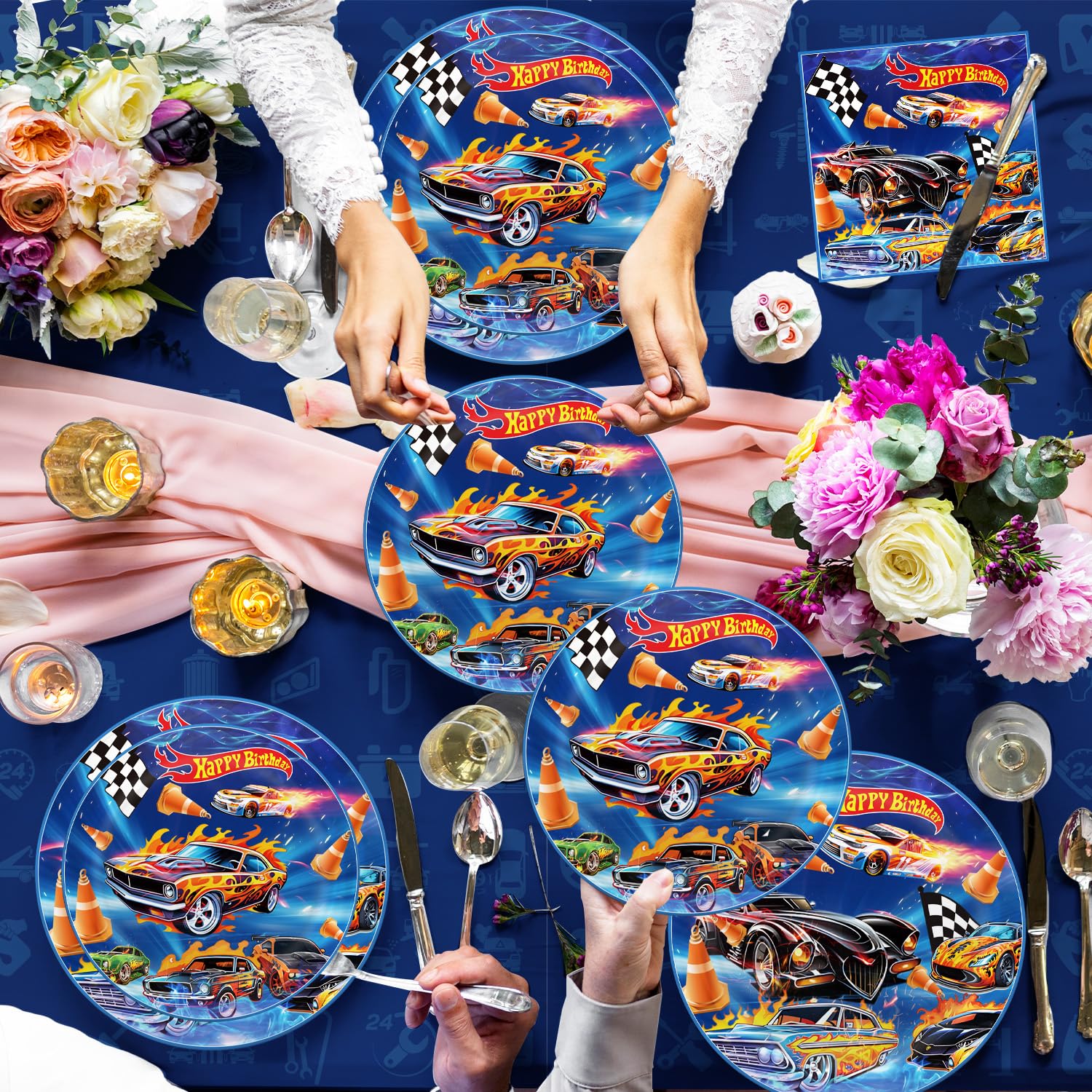 Hot Car Birthday Decorations Tableware 104Pcs Blue Car Themed Party Supplies Include Banner Balloons Plates Napkins Cups Tablecloth Cupcake Toppers and Cake Topper for Birthday Party Decor Sever 20