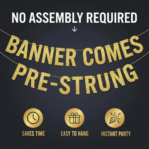 Gold Glitter Banner by Pre-Strung | 80th Birthday Decorations for Men & Women - Perfect Party Supplies