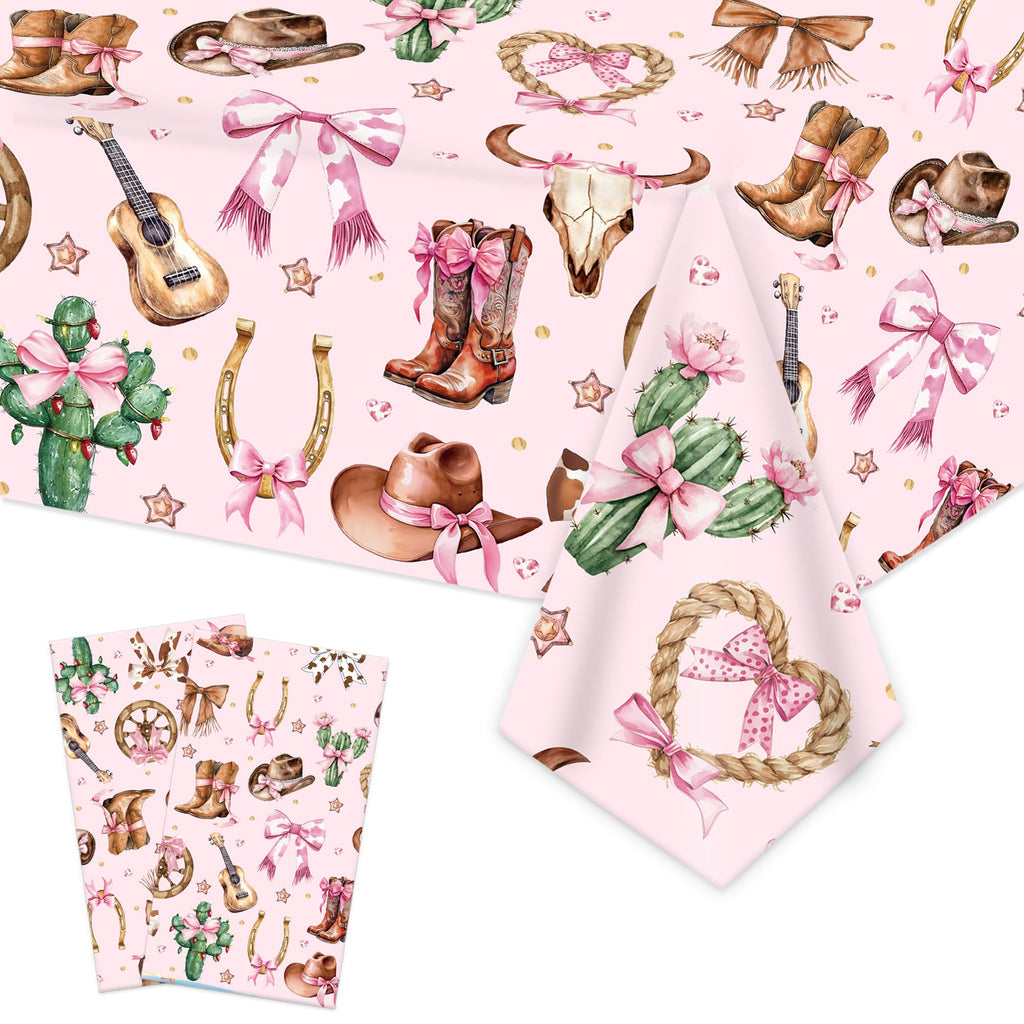 umoni Cowgirl Party Supplies Pink Western Cowgirl Tablecloth 2PCS Coquette Cowgirl Party Supplies Tablecover Disposable Wild West Guitar Bow and Boot Table Cover for Birthday Baby Shower Decor