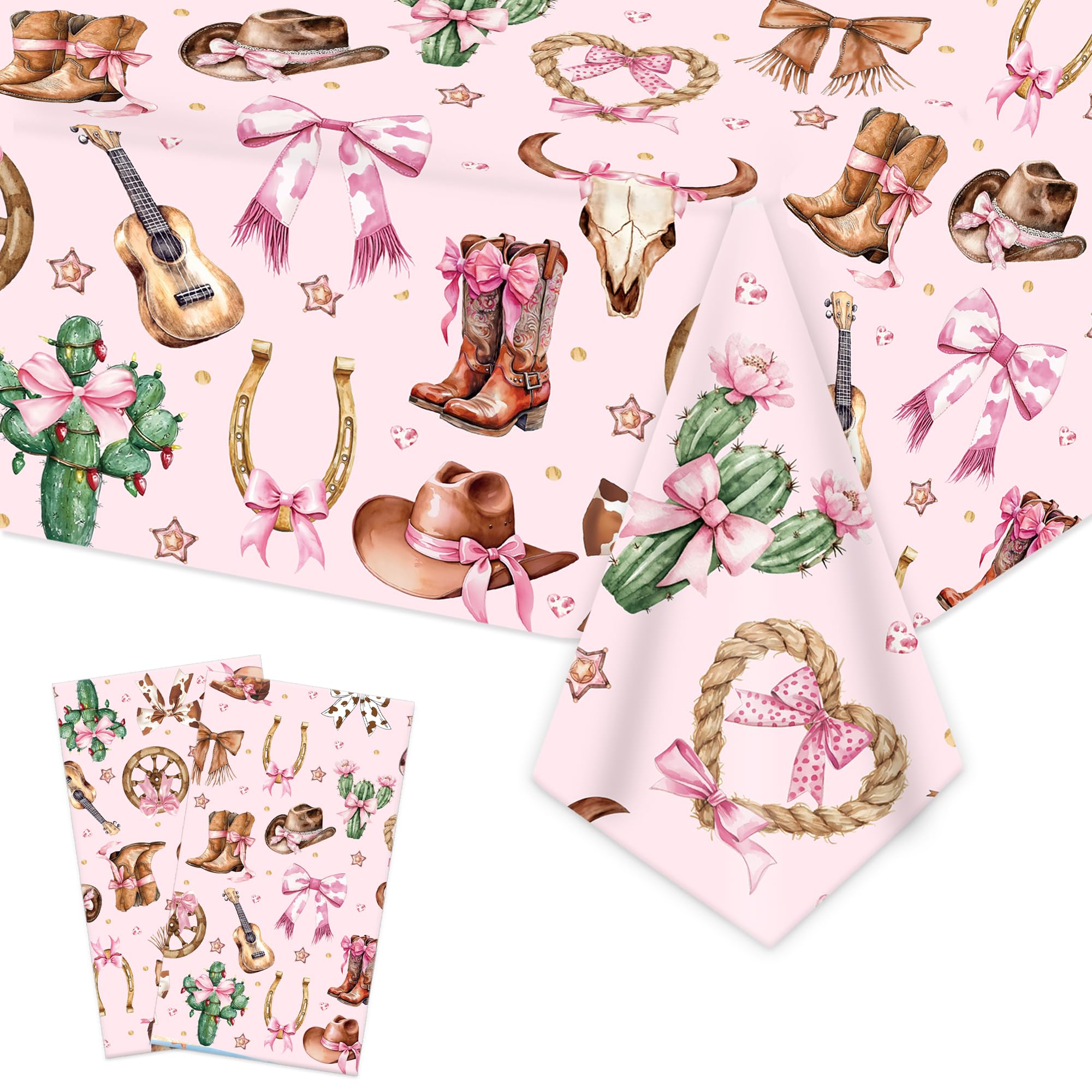 umoni Cowgirl Party Supplies Pink Western Cowgirl Tablecloth 2PCS Coquette Cowgirl Party Supplies Tablecover Disposable Wild West Guitar Bow and Boot Table Cover for Birthday Baby Shower Decor