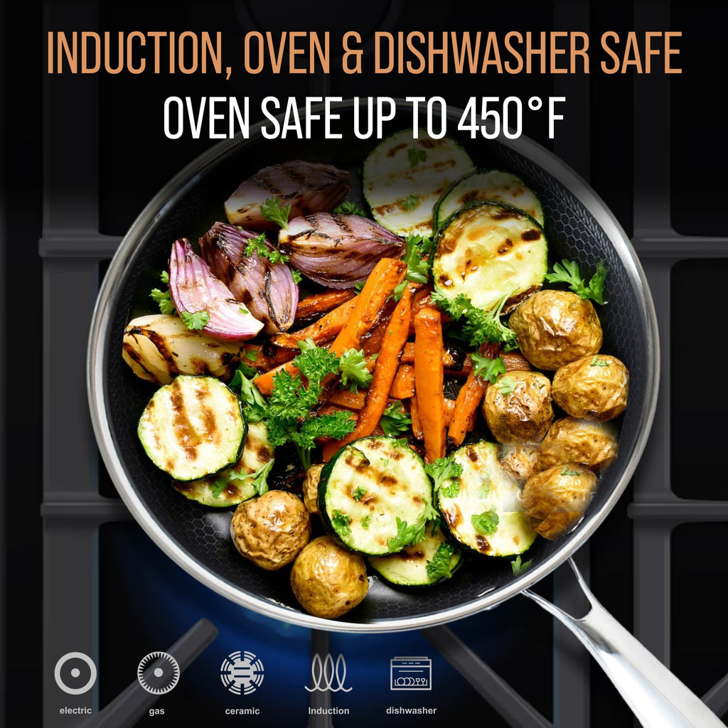 MUGAA 12 Inch Stainless Steel Frying Pan with Lid - Honeycomb Nonstick Skillet - PFOA-Free - Induction Compatible - Oven Safe to 450°F - Dishwasher Safe