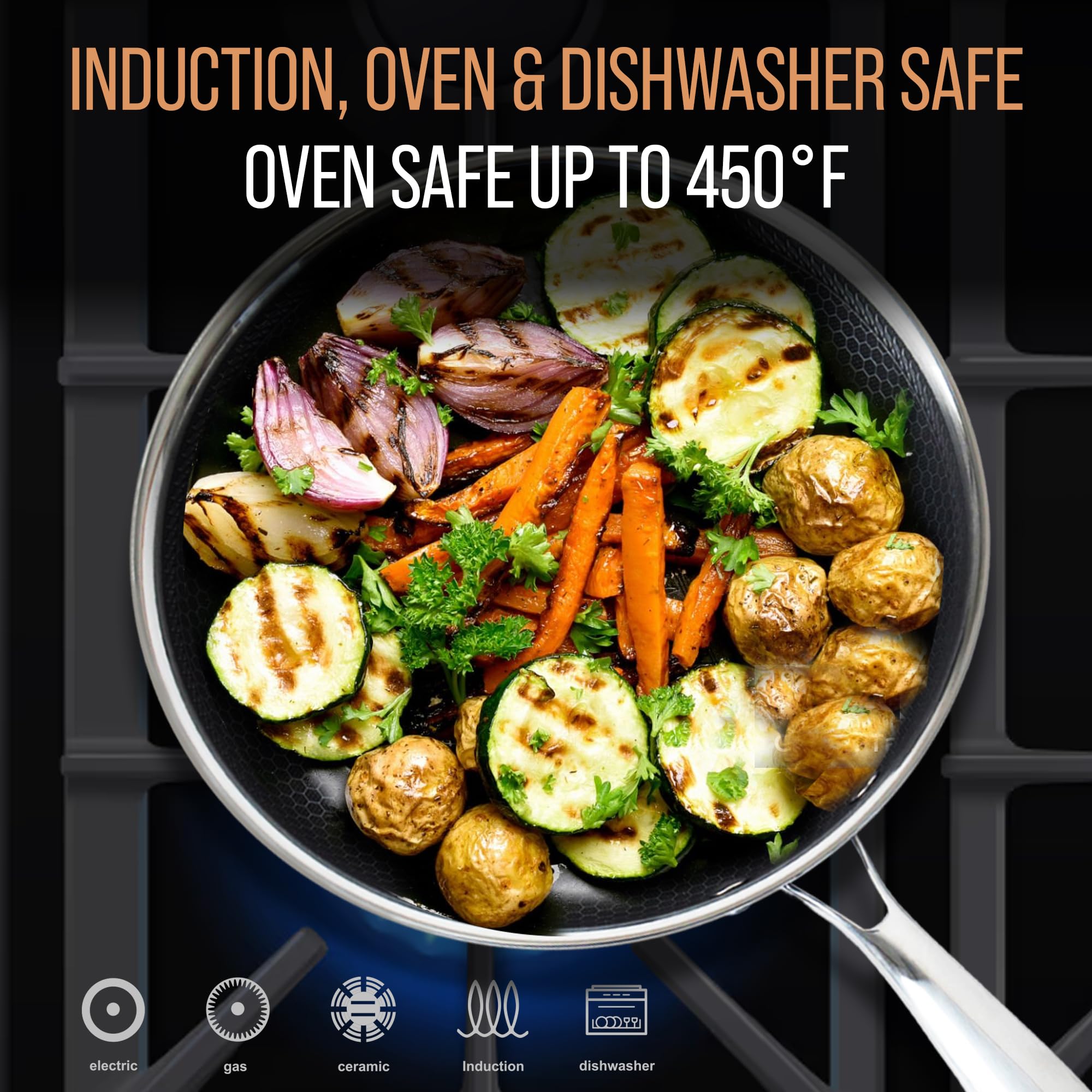 MUGAA 12 Inch Stainless Steel Frying Pan with Lid - Honeycomb Nonstick Skillet - PFOA-Free - Induction Compatible - Oven Safe to 450°F - Dishwasher Safe