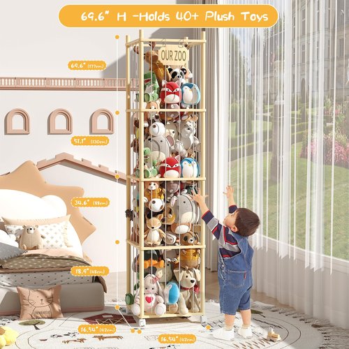 UAMFURI Stuffed Animal Storage with Net Wooden Toy Storage Organizer Stuffed Animal Zoo Storage with Lockable Wheels for Toddler Rooms, Playrooms & Bedrooms (4-layers)