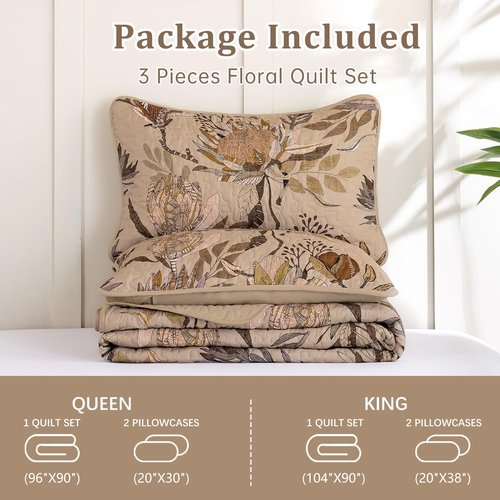 Dintszyayue King Size Quilts Brown, 3 Pieces Boho Floral Bedspread Bedding for King Size Bed, Soft Lightweight Microfiber Coverlet Set for All Season Quilt with 2 Pillowcases