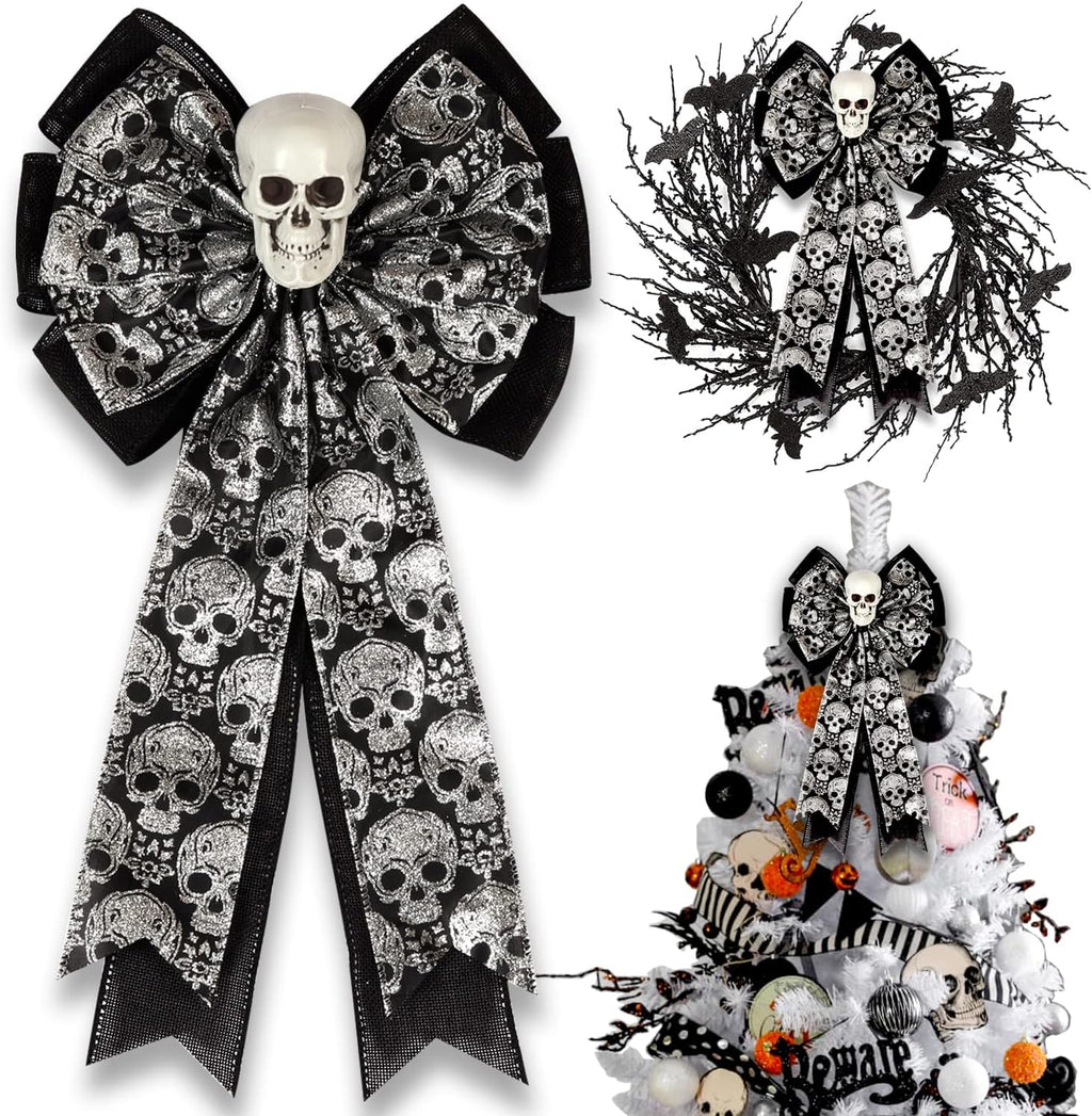Skull Gothic Decor - Halloween Wreath Bow | Glittering Silver & Black Burlap, Perfect for Fall Outdoor Decor