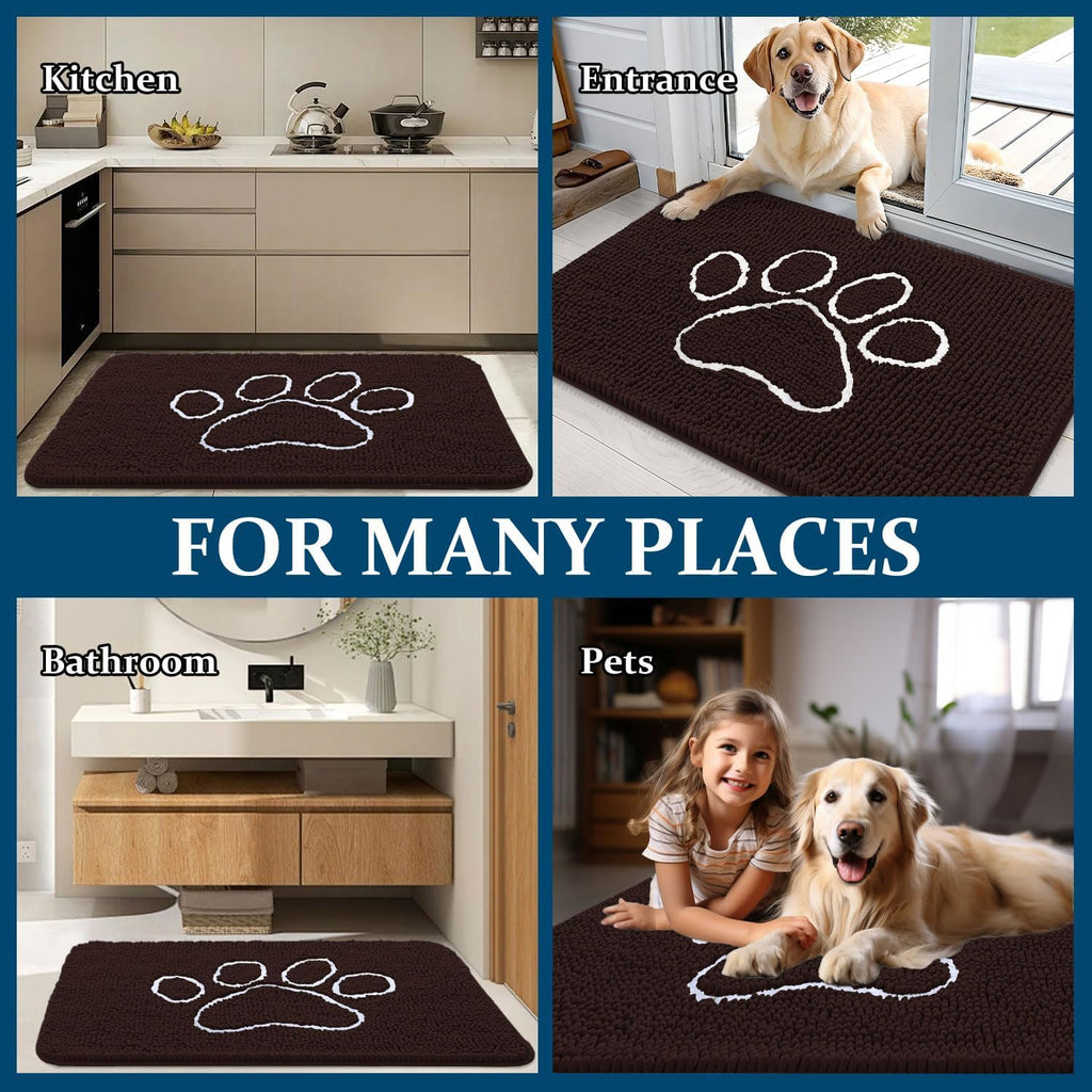 OLANLY Dog Door Mat - Absorbent Non-Slip Chenille for Muddy Paws | 44x24, Brown Paw Print Design