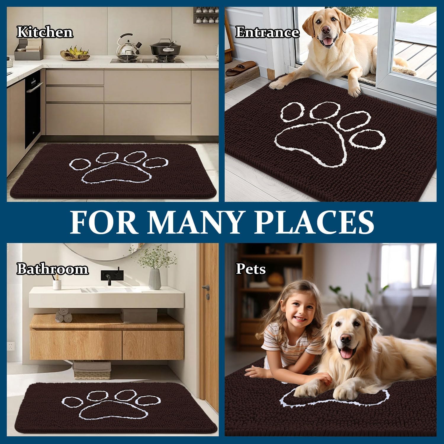 OLANLY Dog Door Mat - Absorbent Non-Slip Mud Mat for Paws | 47x24 Inches, Quick Dry Chenille, Brown