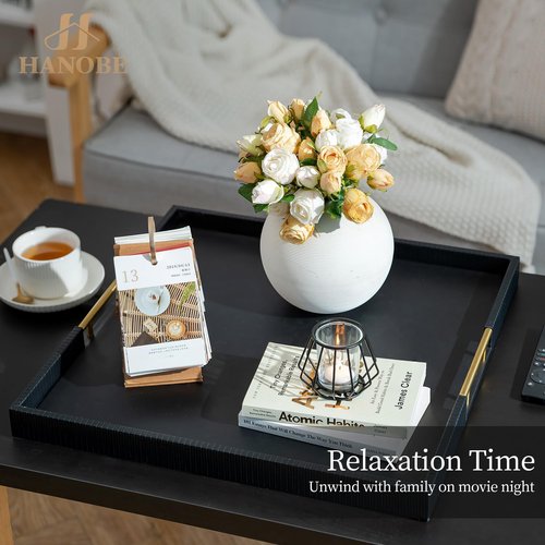 Hanobe Ottoman Coffee Table Tray: Large Decorative Tray Black Leather with Metal Handles for Modern Living Room Home Decor Organized Centerpiece Topper Display Square