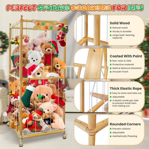 Large Stuffed Animal Storage, 550L Wood Plush Toy Storage With Wheels, Kids Plushies Storage With Thicker Elastic Band, Stuffed Animal Organizer For Playroom, Bedroom, Nursery(22.5in*22.5in*66.4in)