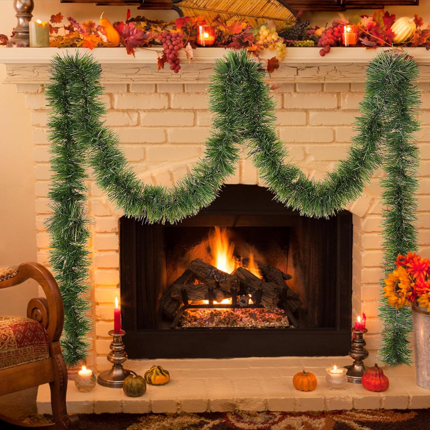 Skiennix Green Garland - 50Ft Non-Lit Tinsel Stems for Christmas Decor | Soft Twist for Tree, Stairs, and Mantle