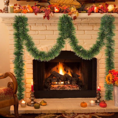 Green Garland Christmas Decorations,50Ft Xams Greenery Tinsel Stems Non-Lit Soft Twist Garland Decor for Tree Stairs Railing Front Door Mantle Fireplace Indoor Outdoor Holiday Home