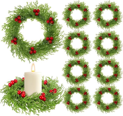 Knitgrip 8 Pcs Small Christmas Wreaths - Red Berry Artificial Cedar Candle Rings | 8.27" Mini Holiday Decor